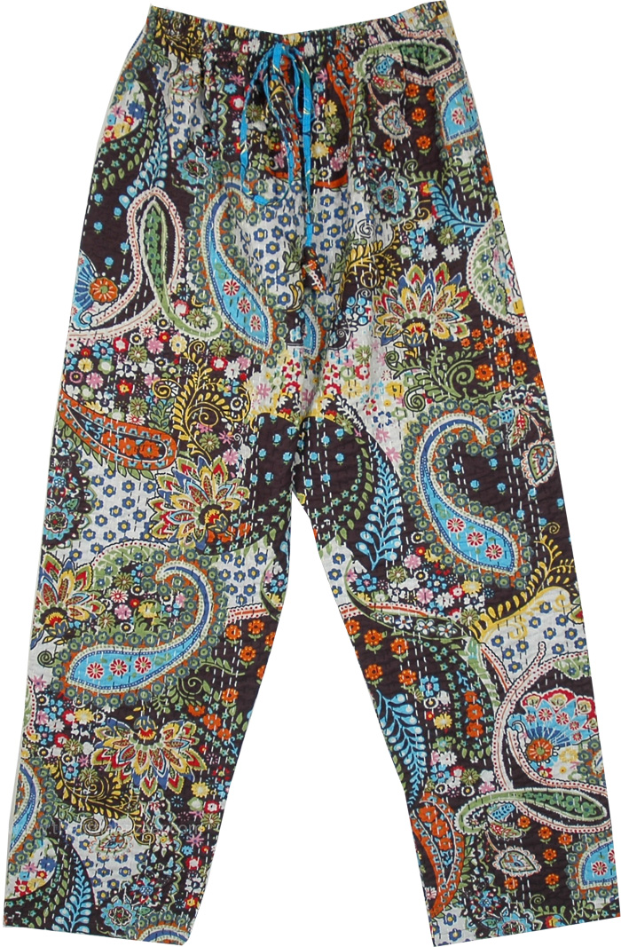 Eastern Bohemian Heavy Cotton Material Unisex Trousers with Vertical Stripes , Paisley Garden Threadwork Full Bodied Pants