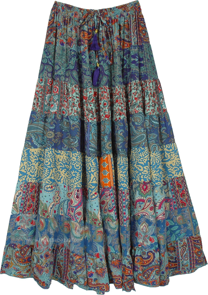 Tiered Patchwork Blue Skirt with Elastic Waist and Tassel , Coral Blue Multi Panel Maxi Long Skirt