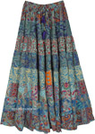 Tiered Patchwork Blue Skirt with Elastic Waist and Tassel  [9280]