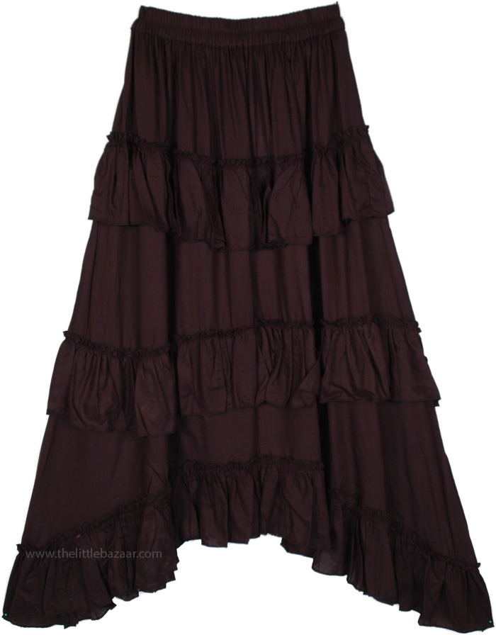 Solid Elastic Waist Tiered High Low Skirt in Smooth Fabric, Mahogany Black Bohemian High Low Flowy Fashion Skirt