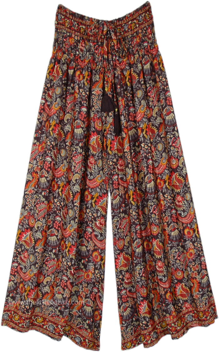 Black Red Floral Pants with Flare, Red Canyon Paisley Wide Leg Pants
