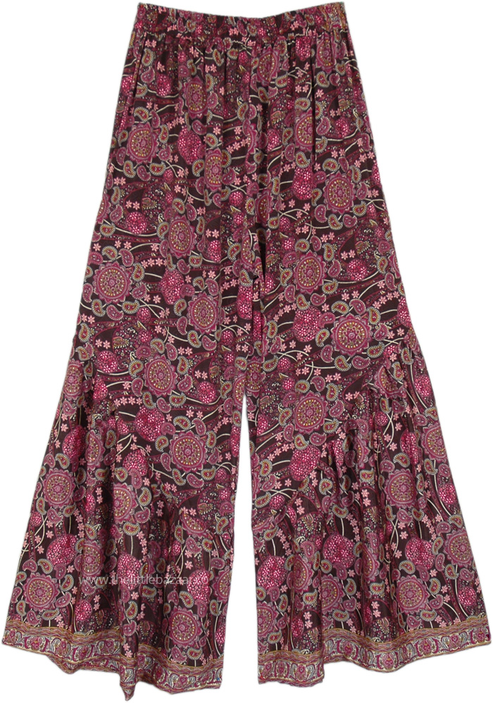 Purple Floral Pants with Flare, Tyrian Purple Paisley Wide Leg Pants