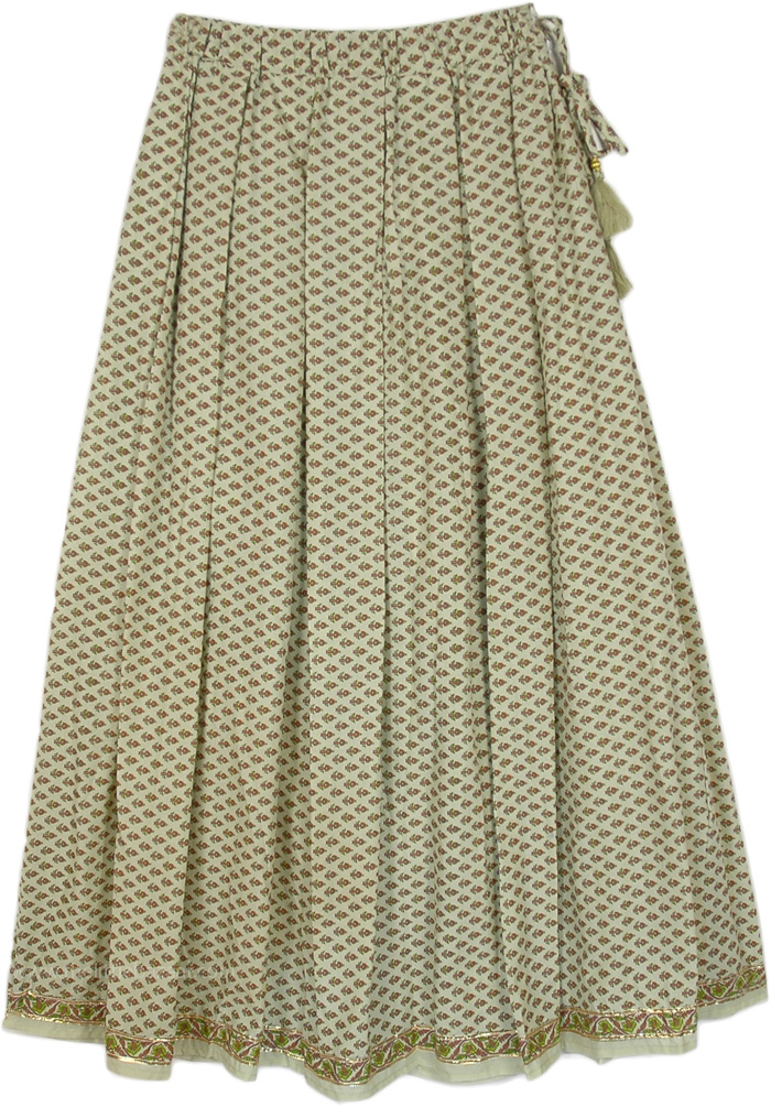 Long Cotton Skirt with Ethnic Printed Floral Motifs, Olive Motif Pleated Long Cotton Skirt with Tassels