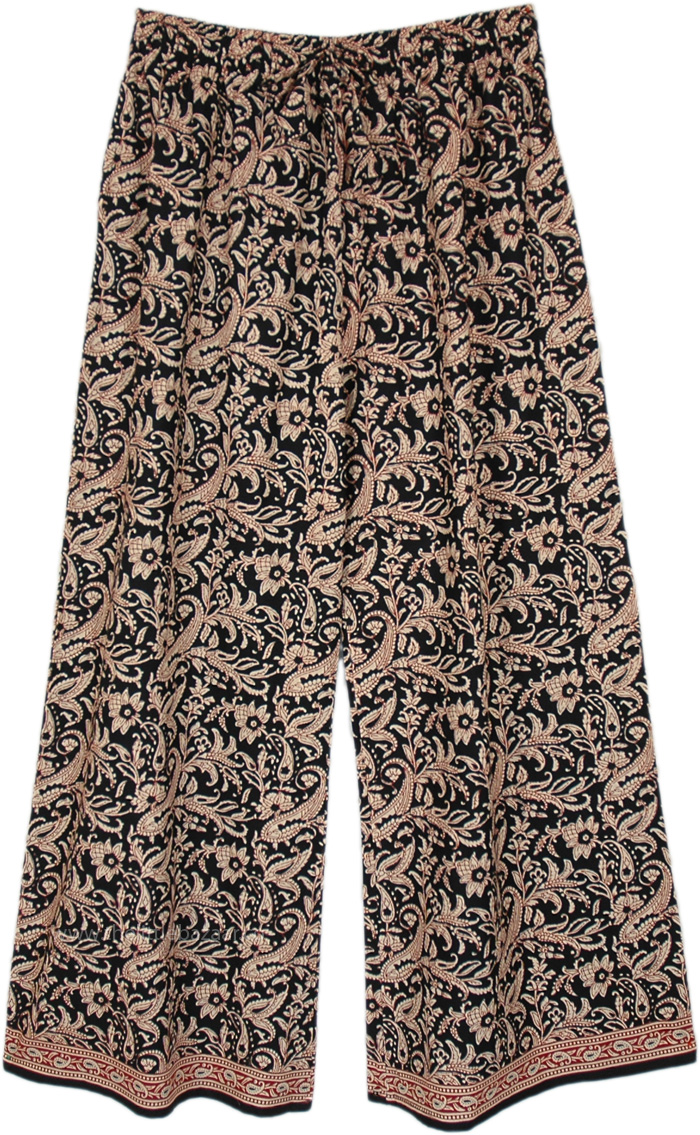 Ethnic Indian Paisley Wide Leg Cotton Pants, Black Nebula with Paisley Cotton Pants