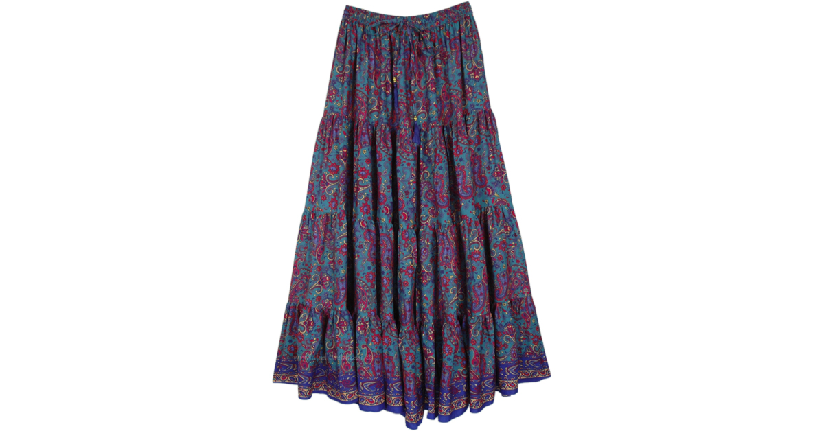Jelly Bean Blue Paisley Bohemian Long Skirt | Blue | Floral, Printed ...
