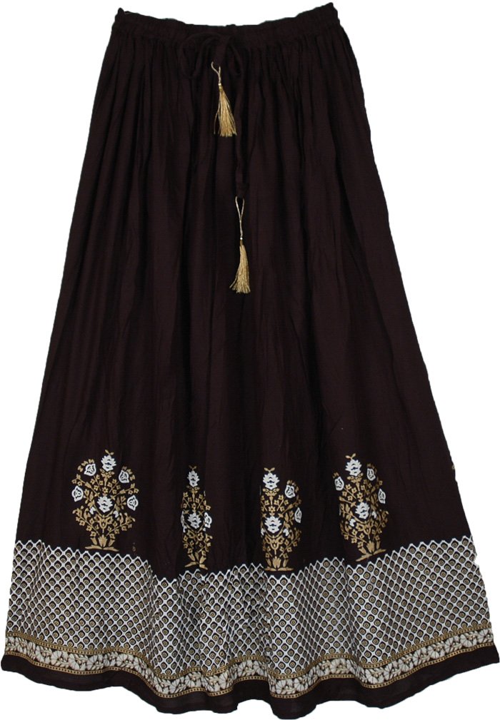 Floral Gold Painted Skirt with Printed Motifs, Dark Ebony Beauty Black Maxi Long Skirt
