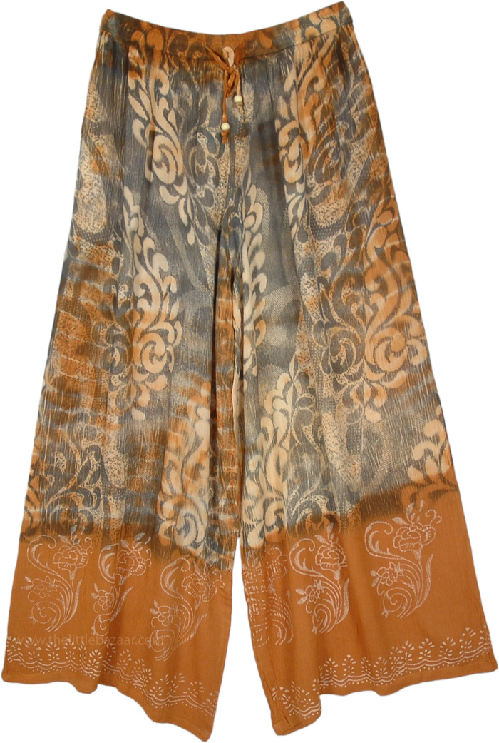 Brown and Beige Hippie Floral Pants with Drawstring, Psychedelic Bronze Flowy Hippie Long Pants