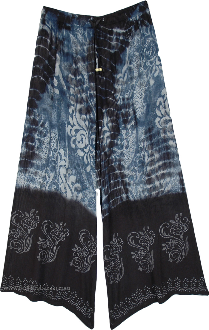Monochromatic Blue Hippie Floral Pants with Drawstring, indigo Skies Flowy Hippie Tie Dye Long Pants