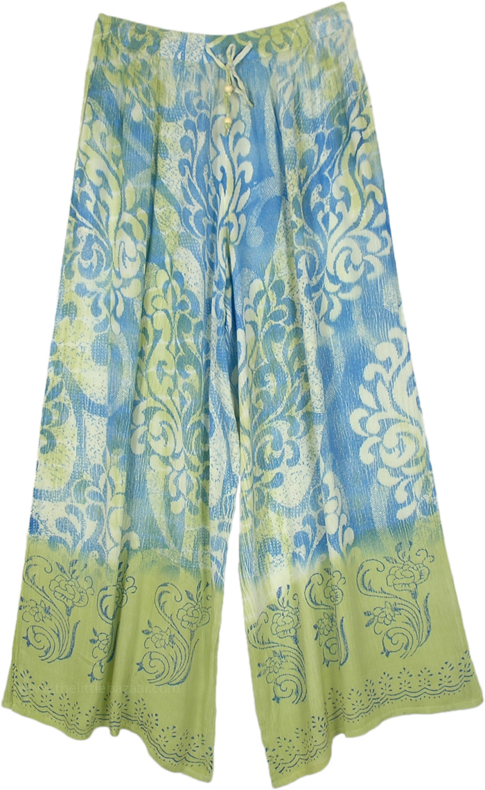 Blue Green Beach Hues Floral and Tie Dye Casual Pants, Coastal Strand Free Flow Summer Long Pants