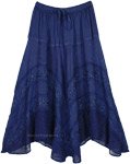Long Blue Feminine Skirt with Floral Glitter [9321]