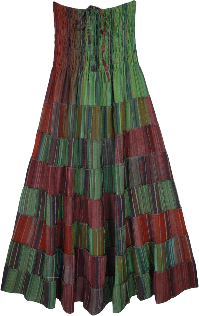 Forest Green Patchwork Skirt Dress with Smocked Waist