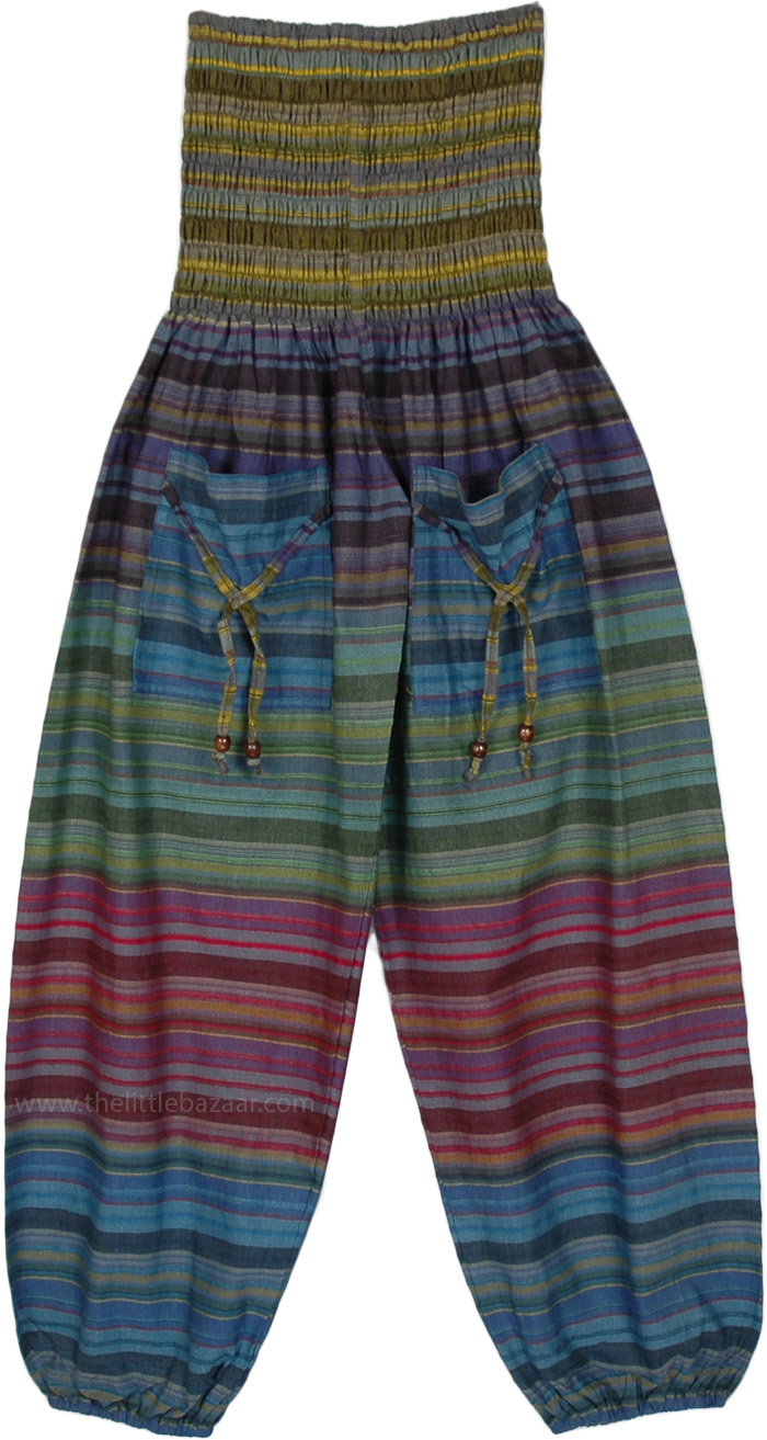 Multicolor Yoga Cotton Pants with Front Pockets, Rainbow Beauty Striped Yoga Harem Pants