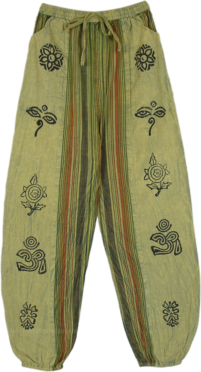 Airy Yoga Stonewashed Pants with Pockets and Elastic Waist with Drawstring, Pistachio Green Block Printed Bohemian Harem Pants