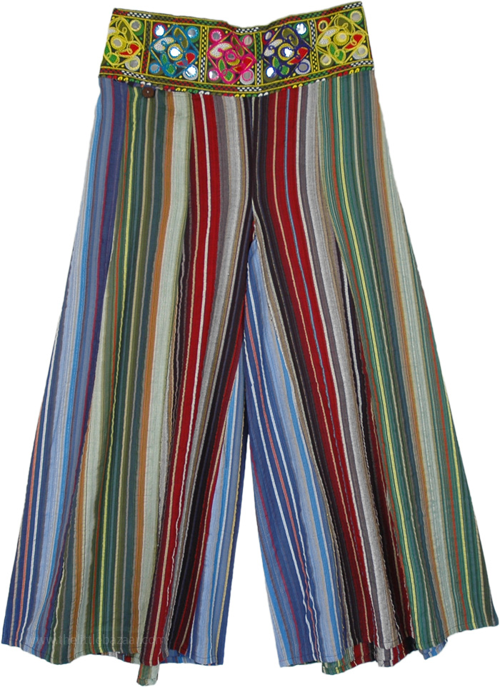 Multicolored Cotton Pants with Smocked Elastic Waist, Hippie Fam Striped Pants with Fancy Mirrored Waist