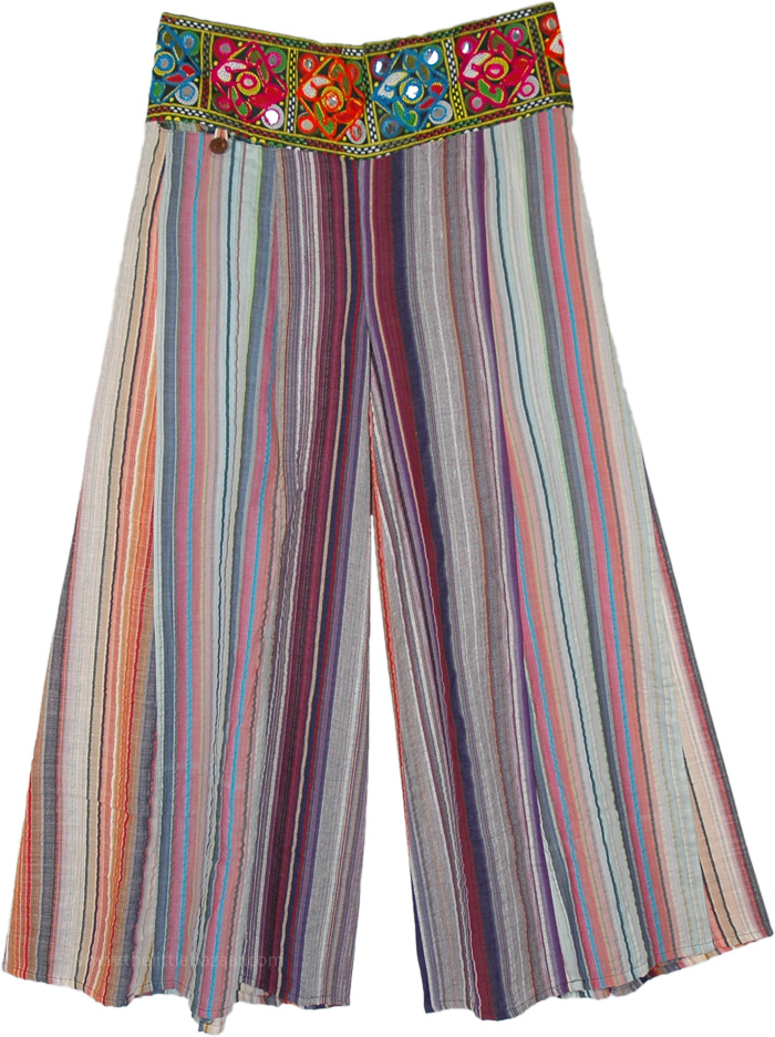 Multicolored Cotton Pants with Smocked Elastic Waist, Festival Striped Pants with Hippie Style Waist