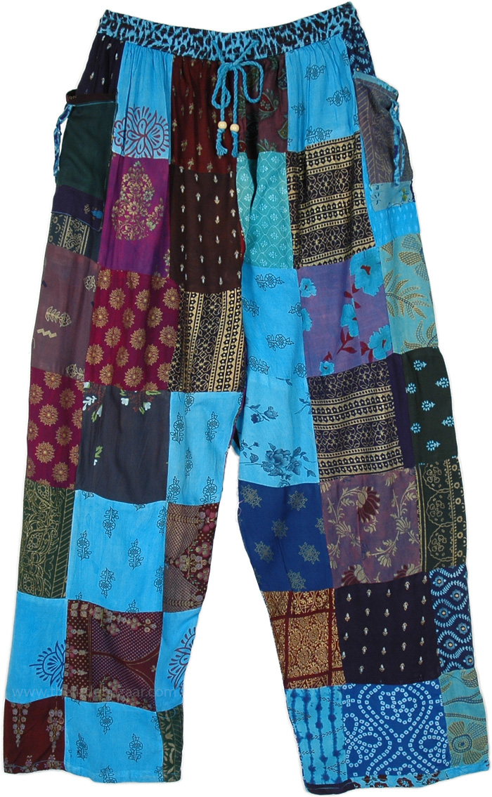 Monochromatic Assorted Indian Garden Garden Boho Chic Patchwork Trousers , Curious Blue Multi Pattern Patchwork Lounge Pants
