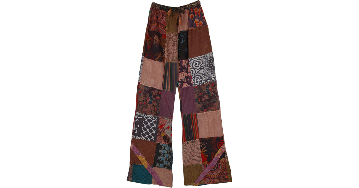 Earthy Boho Lounge Patchwork Cotton Pants For The Tall | Brown | Split ...