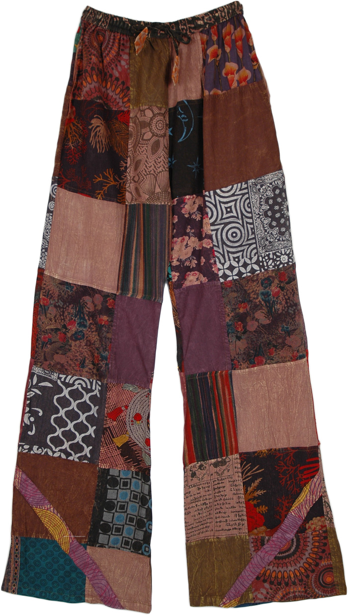 Tall Hippie Cotton Patchwork Deep Tones with Drawstring Elastic Waist, Earthy Boho Lounge Patchwork Cotton Pants For The Tall
