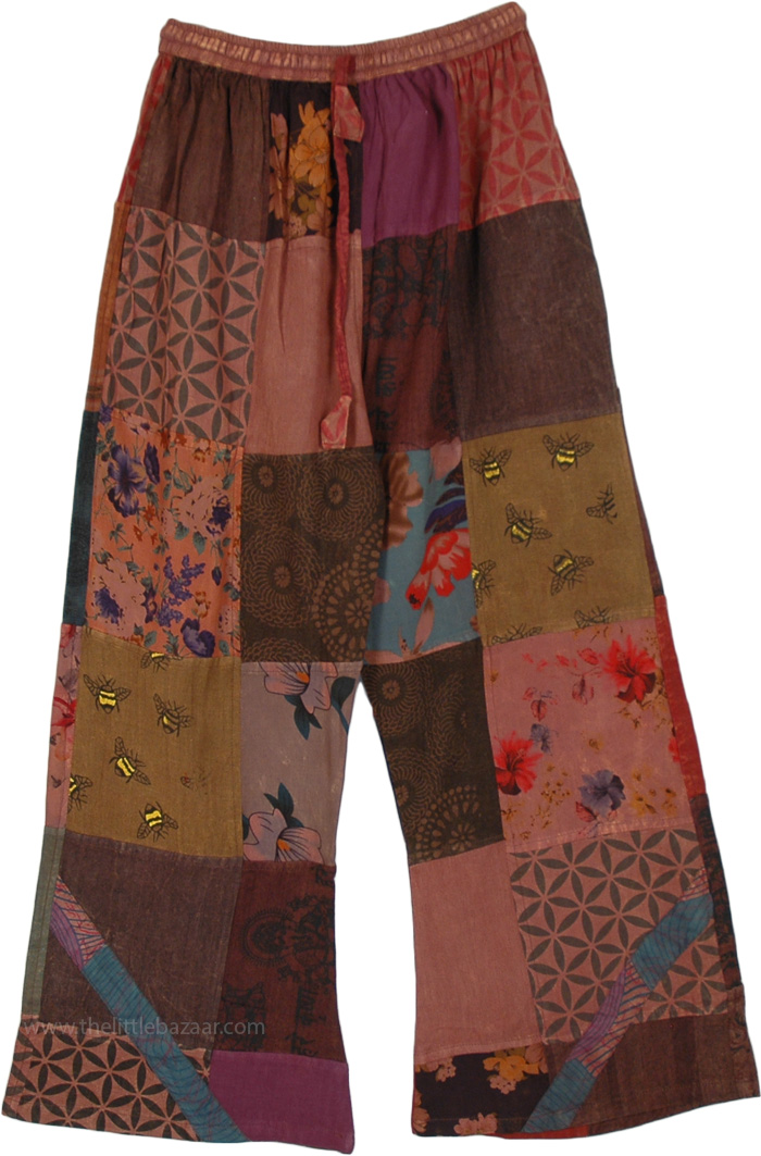 Petite Boho Trousers Cotton Patchwork Deep Earthen Tones, Marsala Magic Hippie Lounge Patchwork Cotton Short Pants