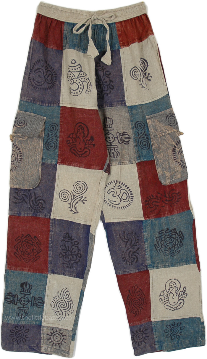 French Stamp Patchwork Pants with Hippie Print