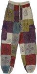 Stonewashed Solid Cotton Patchwork Pants with Assorted Motifs [9391]