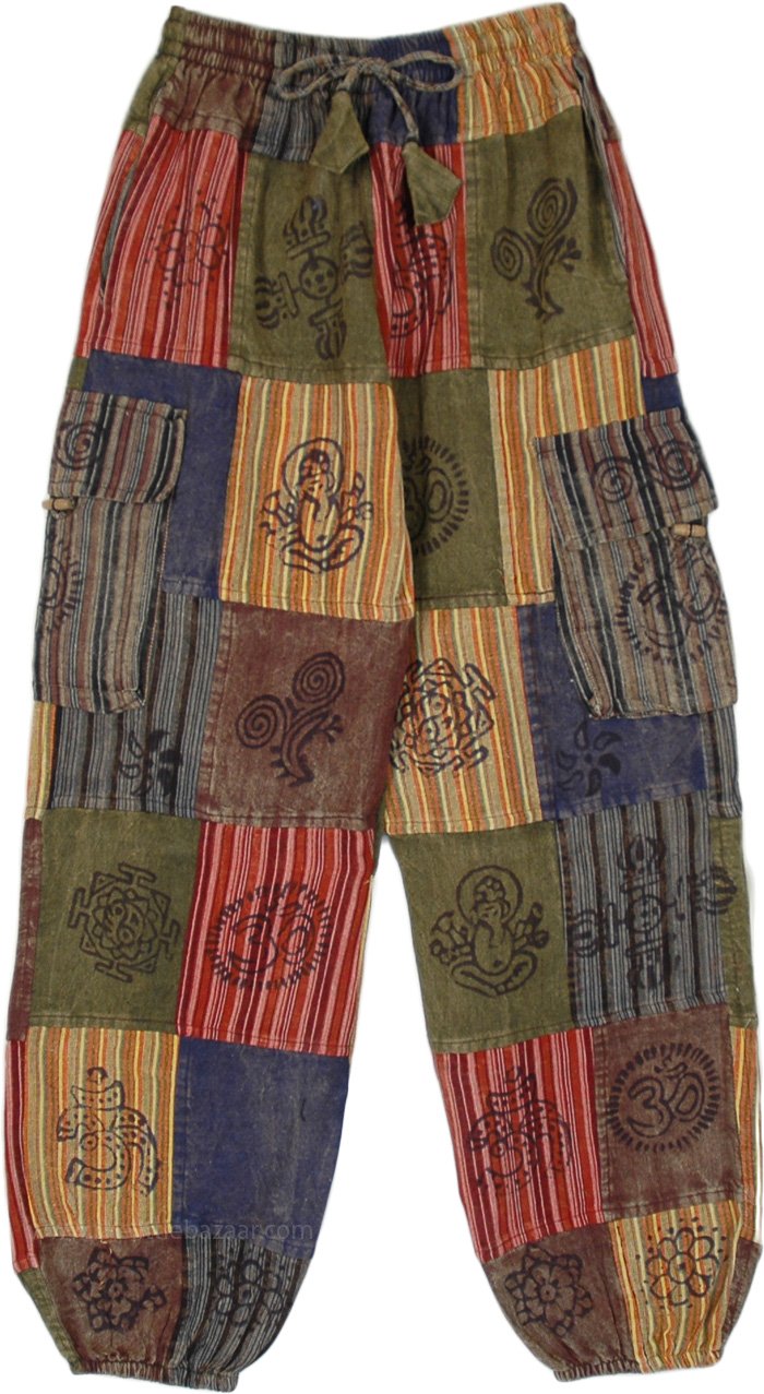 Stonewashed Cotton Striped Patchwork Pants with Hippie Style Stamps ...