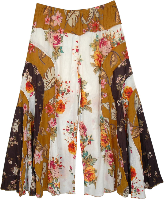 Mustard and White Flared Palazzo Pants with Curved Patchwork, Woody Floral Receding Patchwork Palazzo Pants