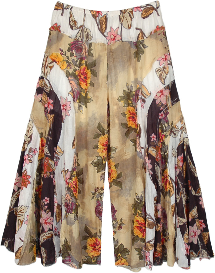 Beige and White Flared Palazzo Pants with Curved Patchwork, Dusky Flowers Curvy Patches Flowy Palazzo Pants