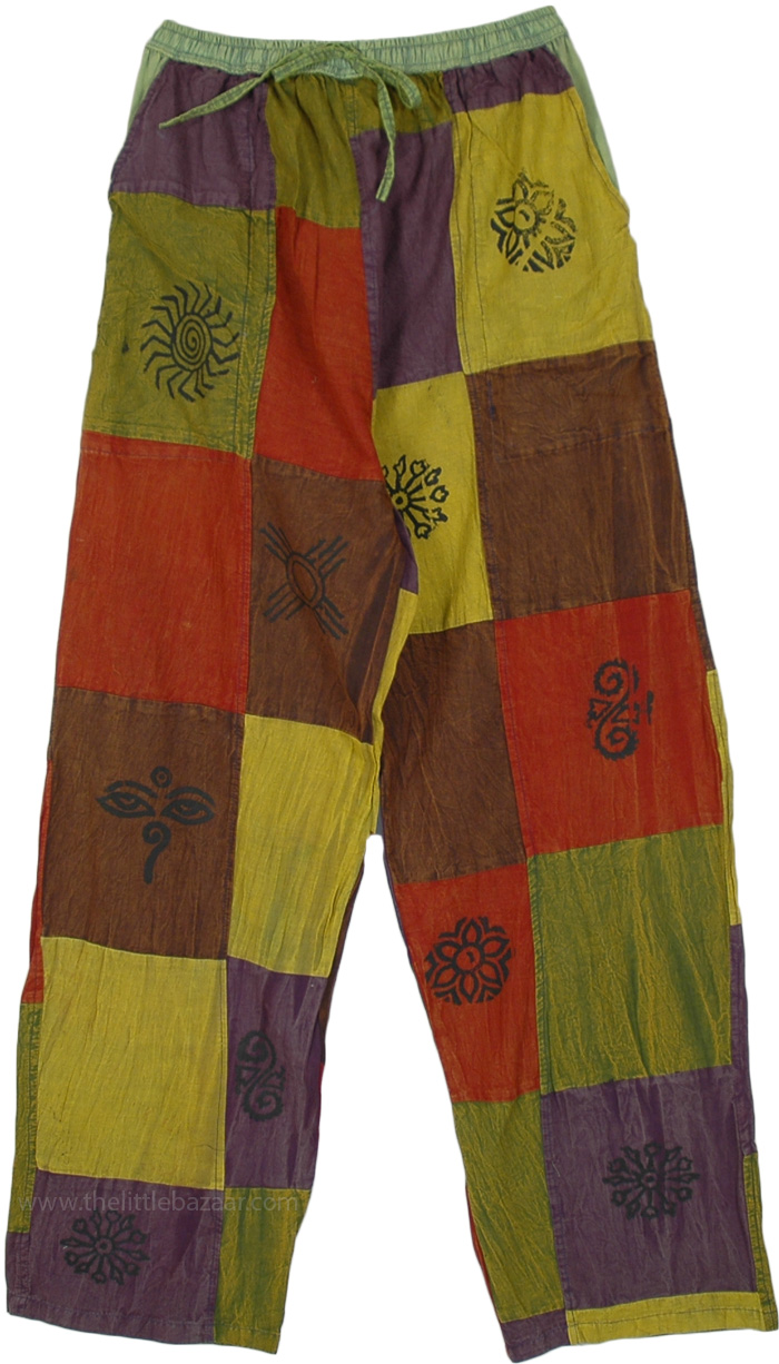 Boho Chic Cotton Trousers with Patchwork , Cool Cucumber Lounge Patchwork Cotton Pants with Stamps