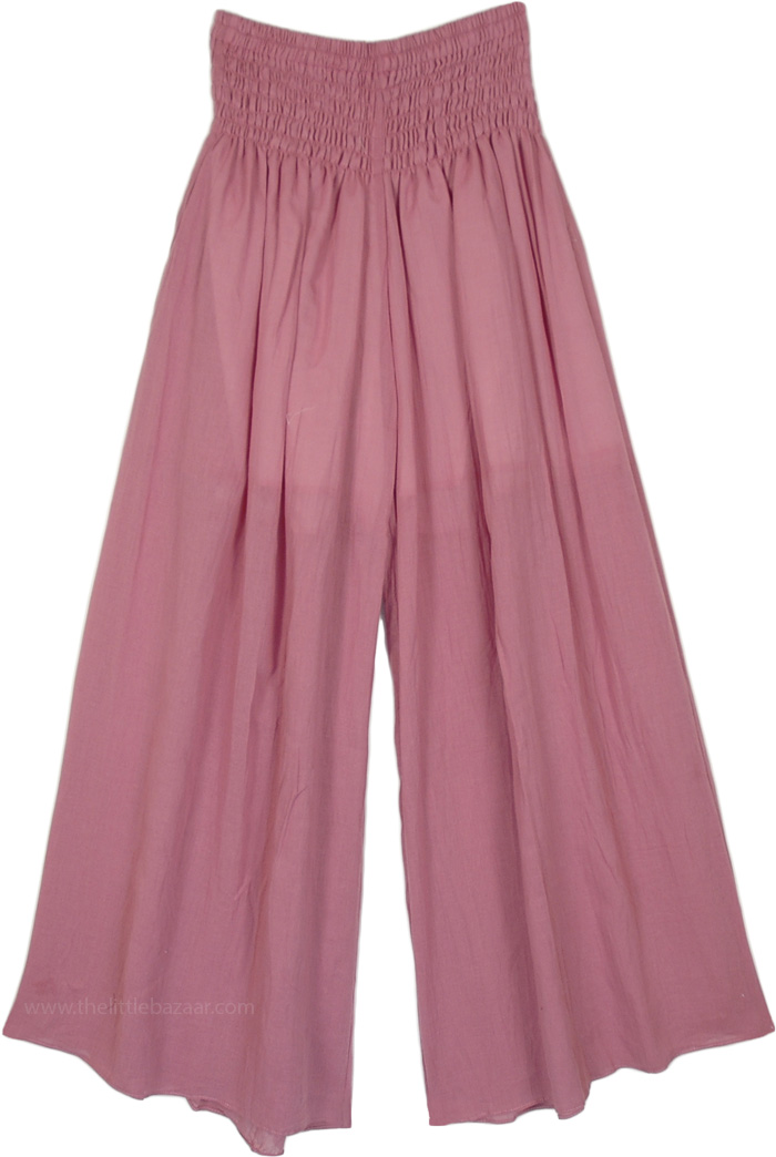 Full Flared Palazzo Pants with Shirred Elastic Waist, Pink Panther Wide Leg Palazzo Pants with Shirred Waist