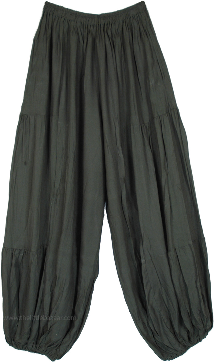 Bohemian Loungewear Rayon Loose Pants with Elastic Waist, Mercury Green Solid Rayon Harem Trousers
