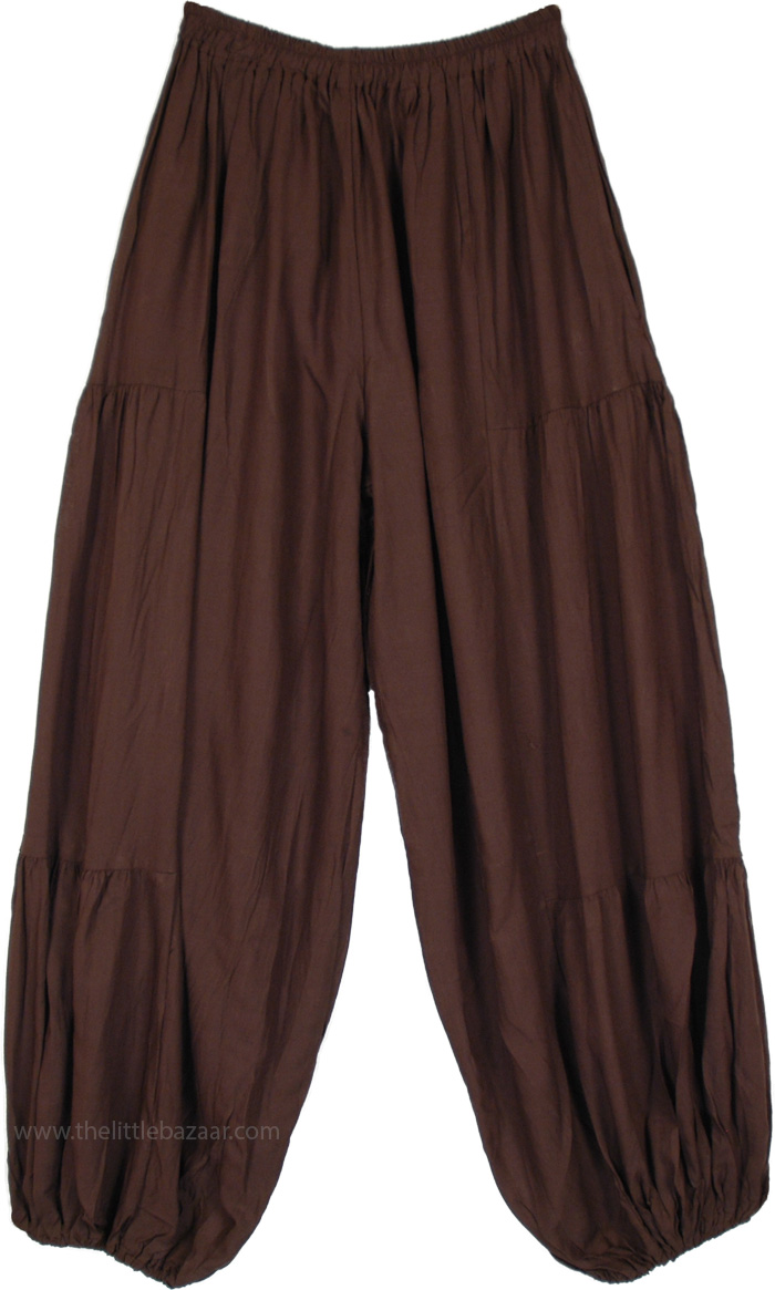 Boho Chic Loungewear Rayon Loose Pants with Elastic Waist, Caramel Mocha Solid Rayon Harem Trousers