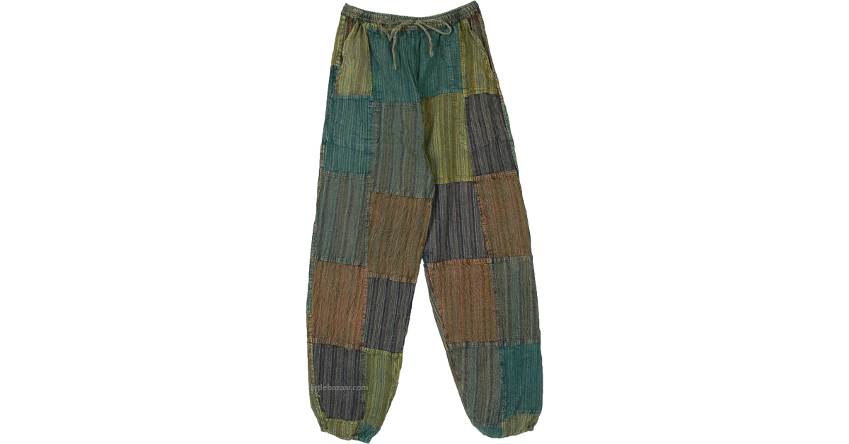 Unisex Handmade Hippie Style Ethnic Mushroom Print Pants Patchwork Harem Pants W/ Pockets Ethnic Stonewashed Cotton Festival Pants Plus Size