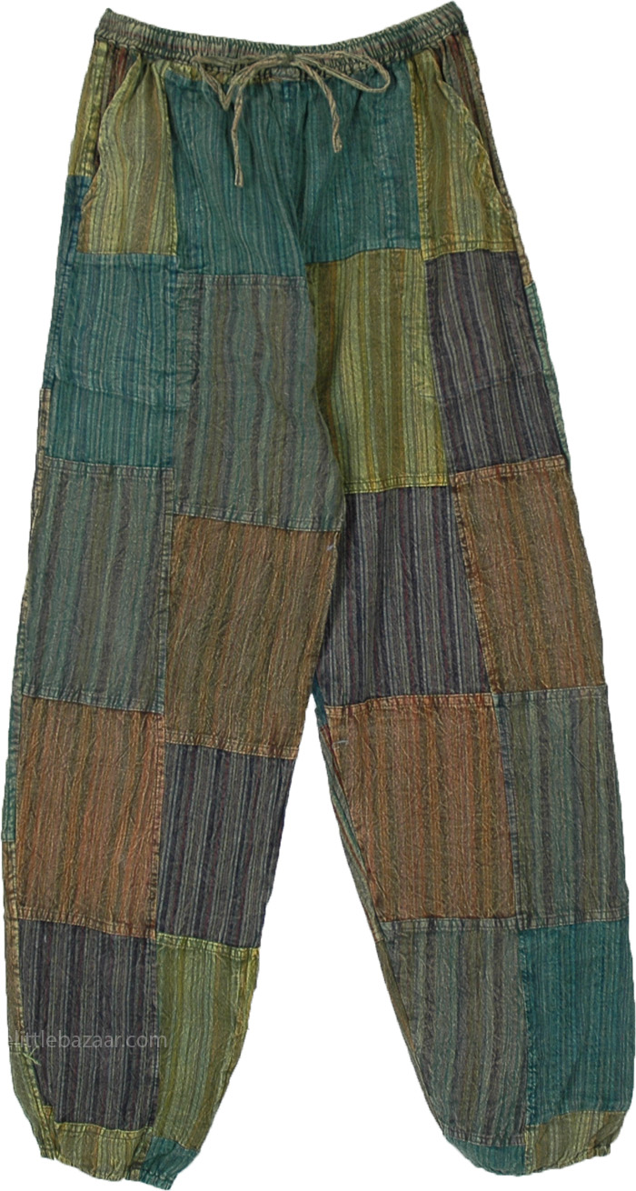Green Toned Patchwork Pants with Elastic Drawstring Waist , Forest Bloom Striped Patchwork Harem Cotton Pants
