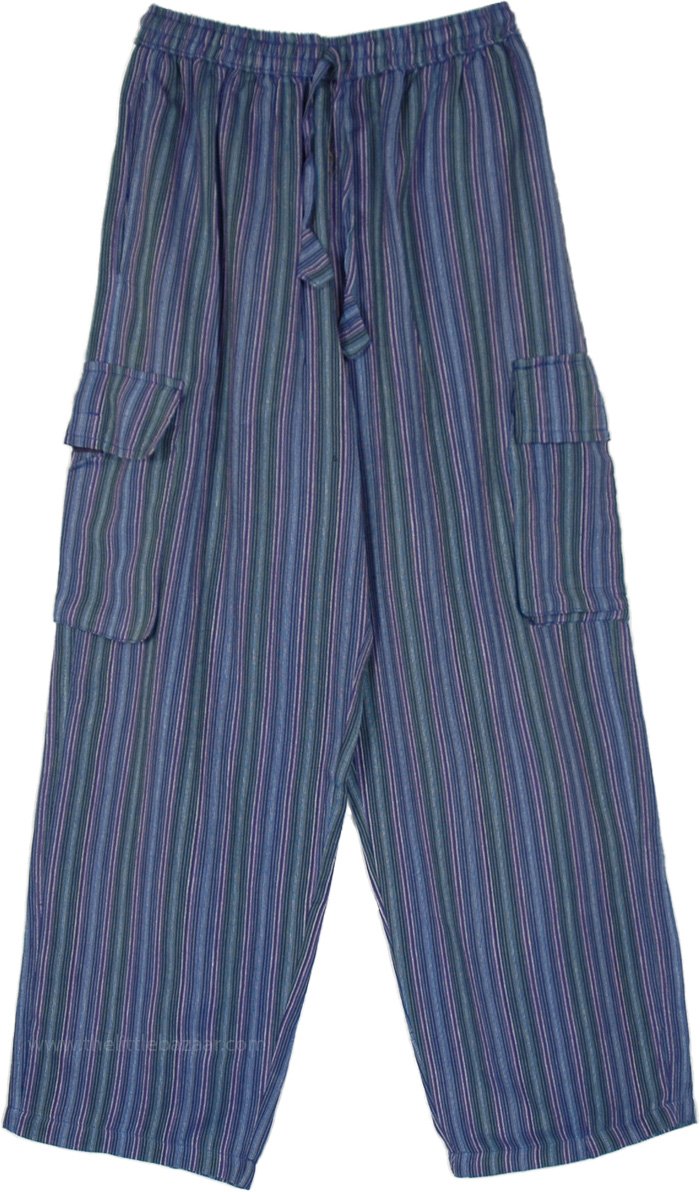 Loungewear Blue Striped Cotton Pants with Drawstring, Ocean Waves Unisex Boho Pull Up Cotton Cargo Pants