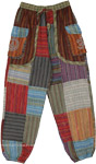 Striped Patchwork Harem Pants with Om and Peace Pockets