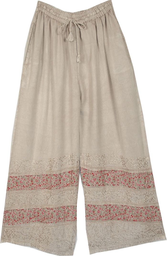 Comfy Summer Straight Pants with Embroidery, Beige Beauty Straight Leg Pants with Floral Pink Radiance