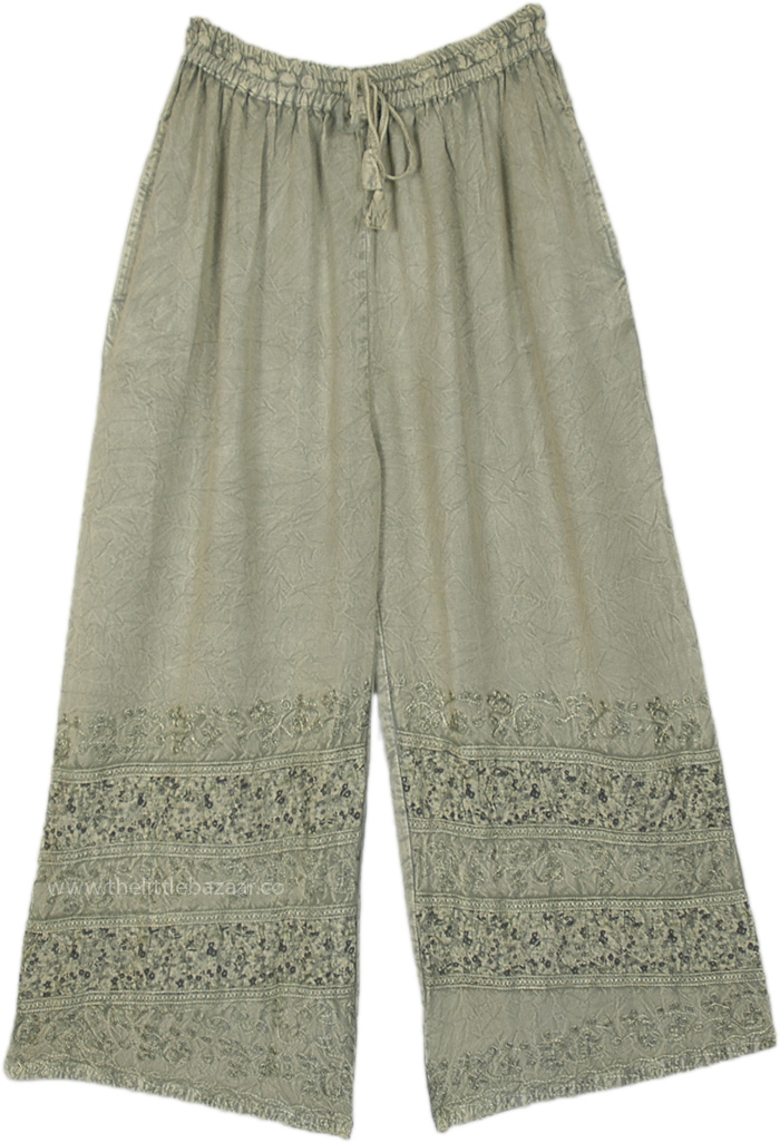 Comfy Green Straight Pants with Embroidery, Tea Green Stonewashed Straight Leg Pants