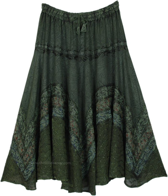 Green Womens Vintage Rayon Long Skirt, Dark Forest Flowy Western Long Skirt
