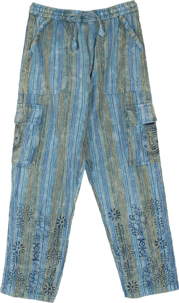 Blue and Green Striped Cotton Narrow Fit Pants with Multi Pockets, Free Spirit Hippie Soul Blue Pants