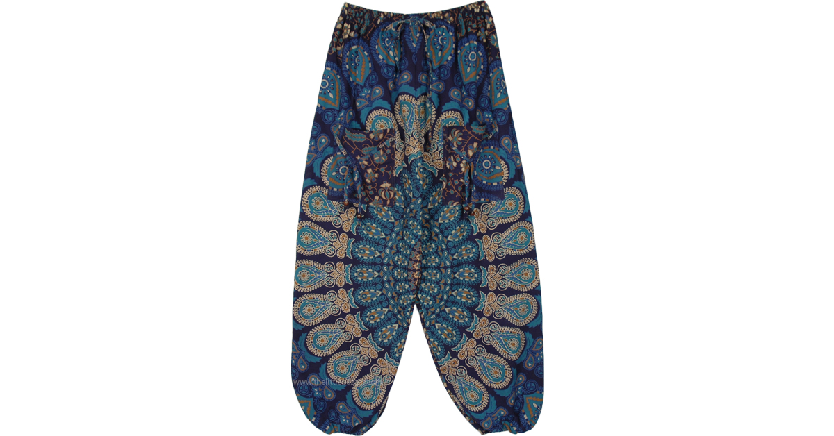 Mandala Meditation Printed Bohemian Harem Pants Blue SplitSkirtsPants, Misses, Pocket