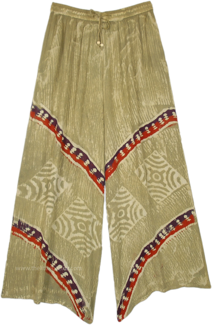 Green Tones Hippie Tribal Pants with Drawstring, Green Chia Wide Leg Long Casual Pants