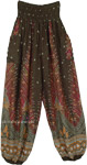 Green and Bronze Smocked Waist Ethnic Style Hippie Pants [9605]
