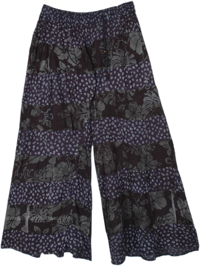 Floral Rayon Patchwork Summer Lounge Pants, Oxford Blue Alternating Patchwork Boho Trousers