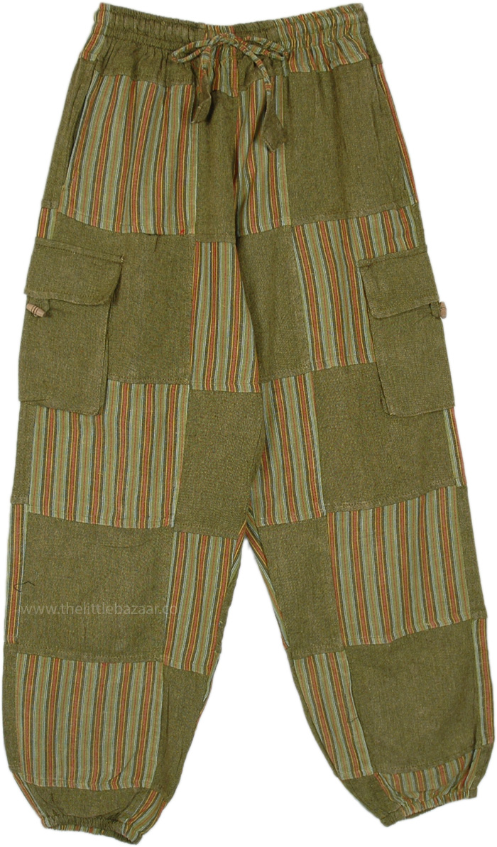 Cotton Striped Patchwork Green Pants, Green Goblin Patchwork Hippie Harem Pants