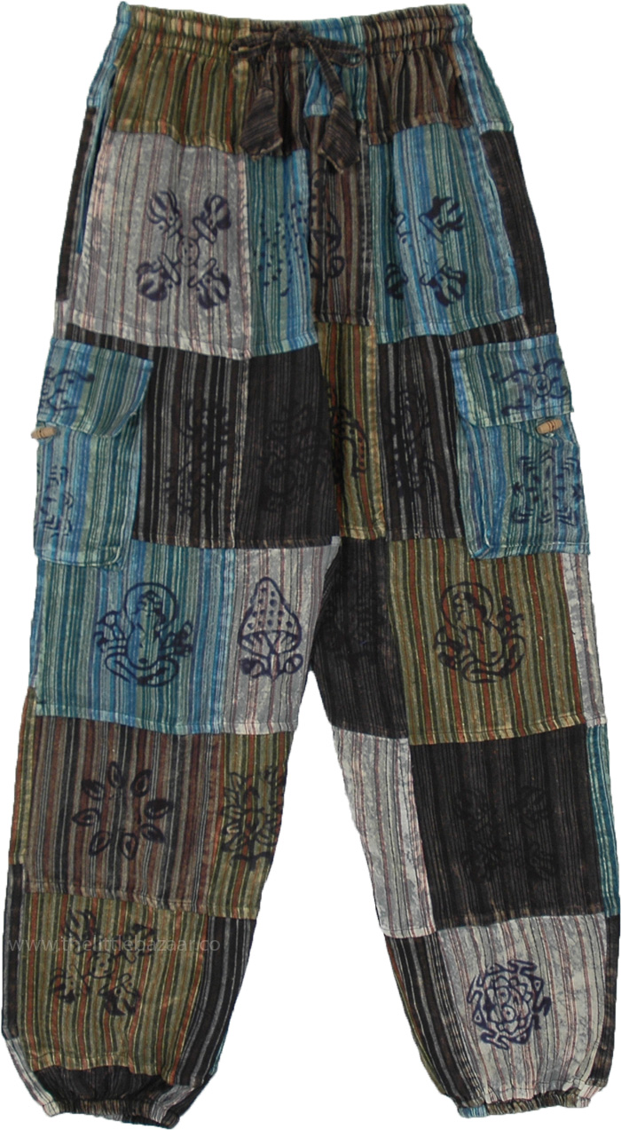 Dark Cotton Striped Patchwork Pants with Hippie Style Stamps, Shades Of The Night Patchwork Hippie Harem Pants
