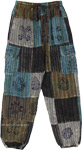 Dark Cotton Striped Patchwork Pants with Hippie Style Stamps [9614]