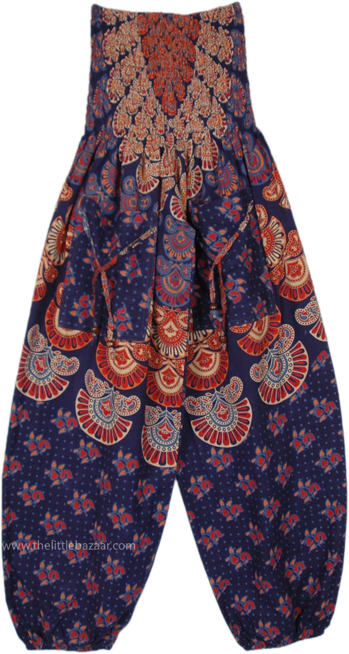 Blue Trawl Printed Boho Smocked Harem Pants