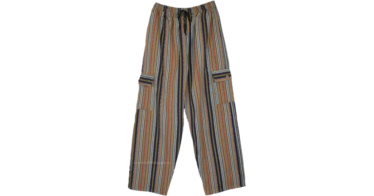 Black and Beige Romance Striped Hippie Cargo Winter Pants