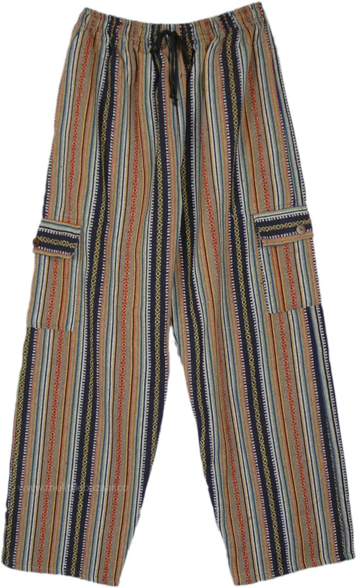 Eastern Bohemian Heavy Cotton Material Unisex Trousers with Unique Geometric Pattern, Black and Beige Romance Striped Hippie Cargo Winter Pants
